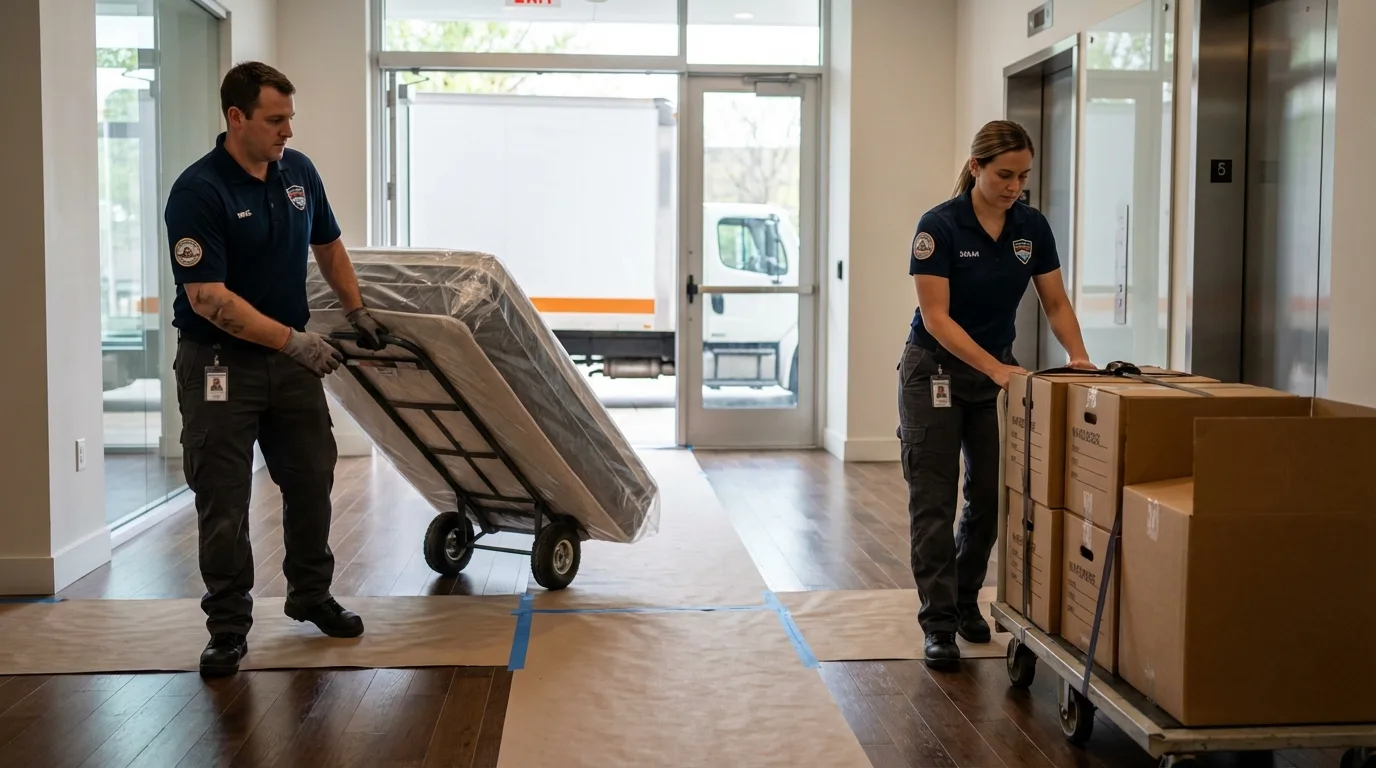 Professional apartment movers loading elevator in Jesup, GA