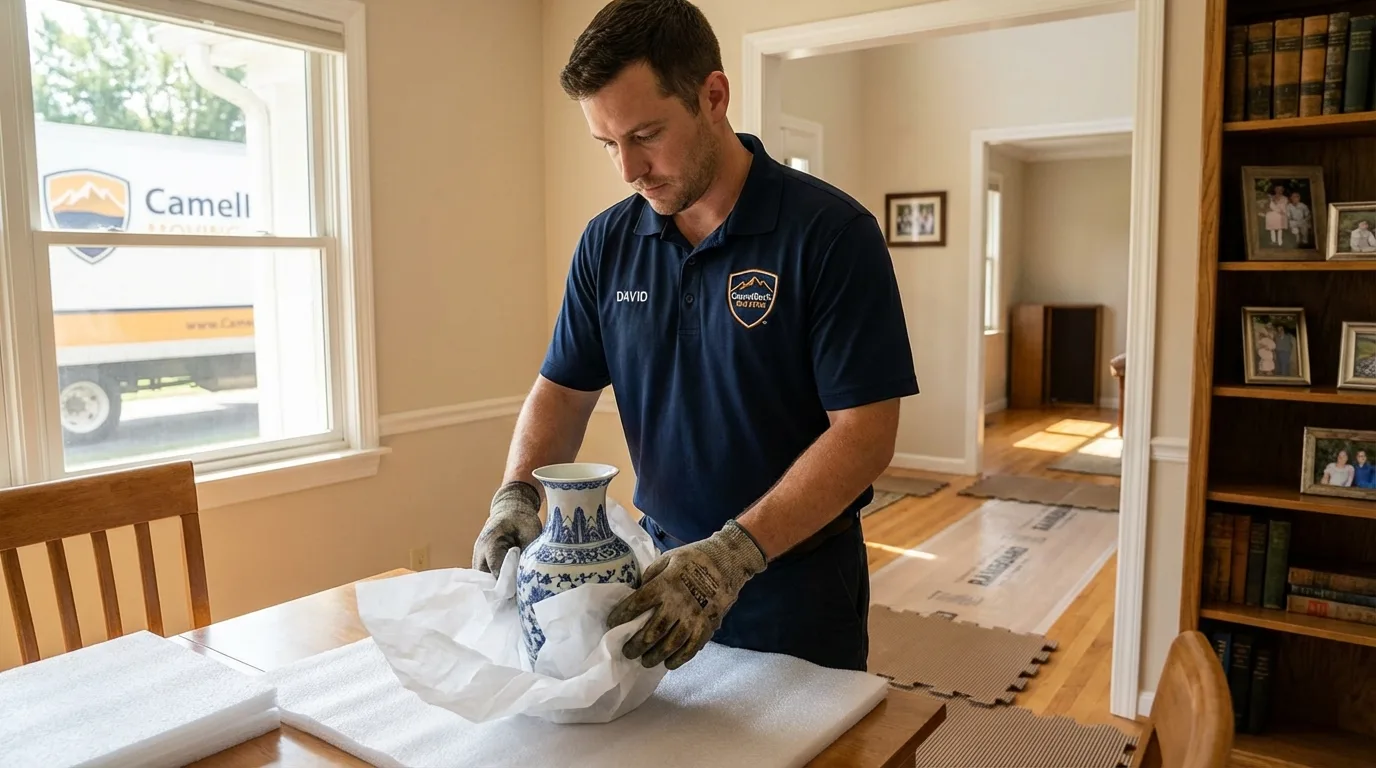 Professional crew carefully wrapping antique vase for senior downsizing move in Jesup, GA